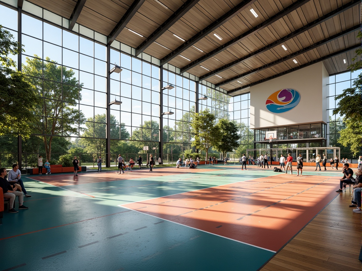 Prompt: Modern gymnasium interior, abundant natural light, floor-to-ceiling windows, sleek metal frames, polished wooden floors, vibrant sports equipment, colorful athletic tracks, basketball hoops, tennis courts, spectator seating areas, motivational quotes, dynamic lighting effects, soft shadows, warm color tones, high ceilings, airy atmosphere, 1/1 composition, realistic textures, ambient occlusion.