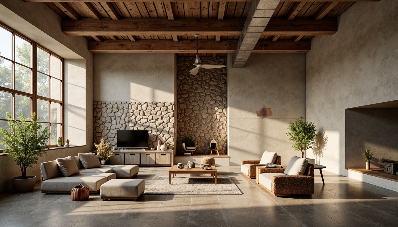 Prompt: Rustic textured plastered concrete walls, earthy tones, organic forms, natural material blend, rough-hewn stone accents, industrial chic aesthetic, urban loft atmosphere, reclaimed wood beams, metal ductwork, exposed ceiling, soft warm lighting, shallow depth of field, 1/1 composition, realistic textures, ambient occlusion.