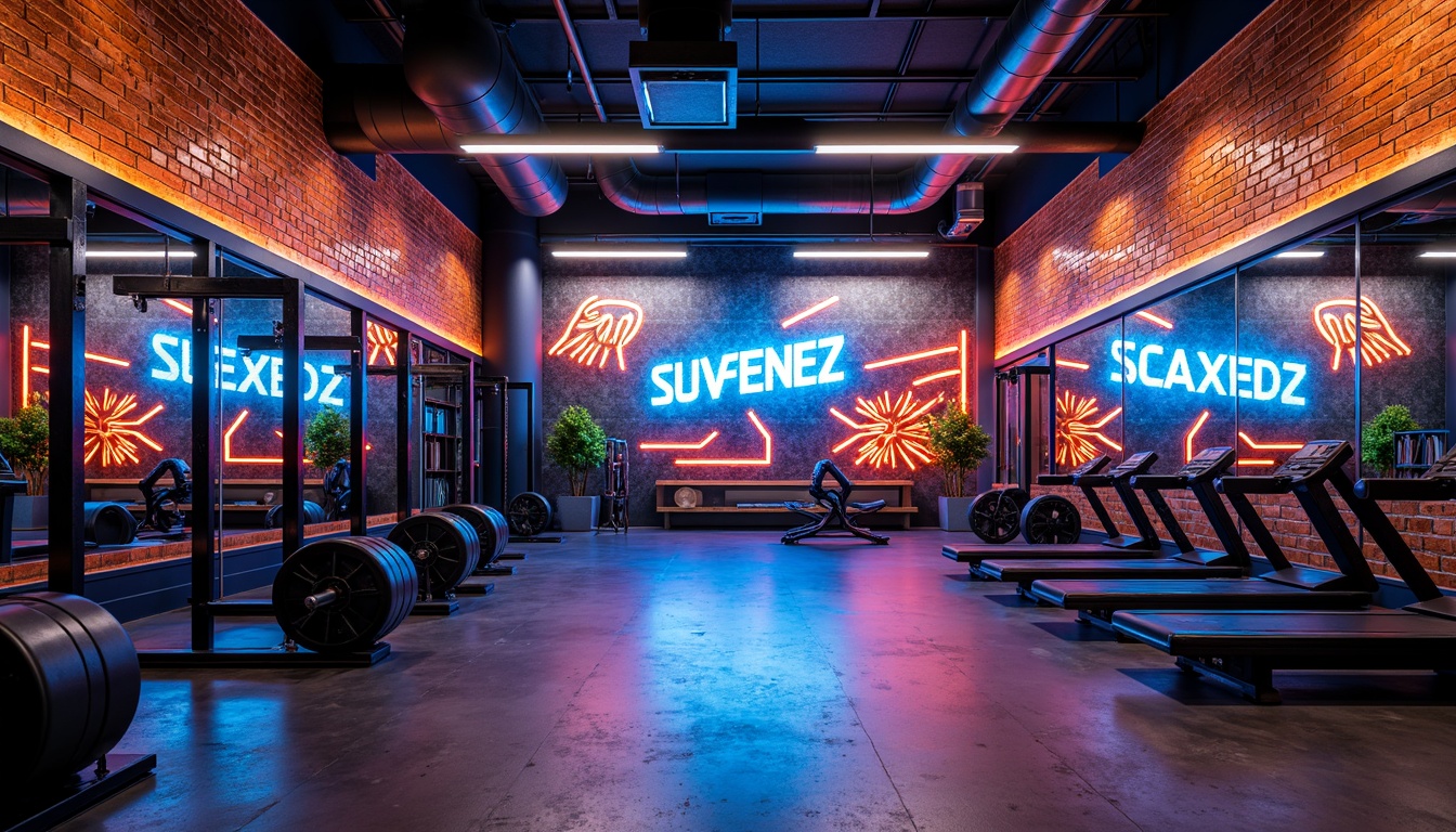 Prompt: Vibrant fitness studio, industrial chic decor, exposed brick walls, metallic equipment, neon-lit accents, bold typography, energetic color scheme, bright whites, deep blues, fiery oranges, lime greens, dynamic patterns, abstract shapes, motivational quotes, sleek mirrors, polished concrete floors, modern LED lighting, high-contrast photography, dramatic shadows, 1/1 composition, realistic textures.