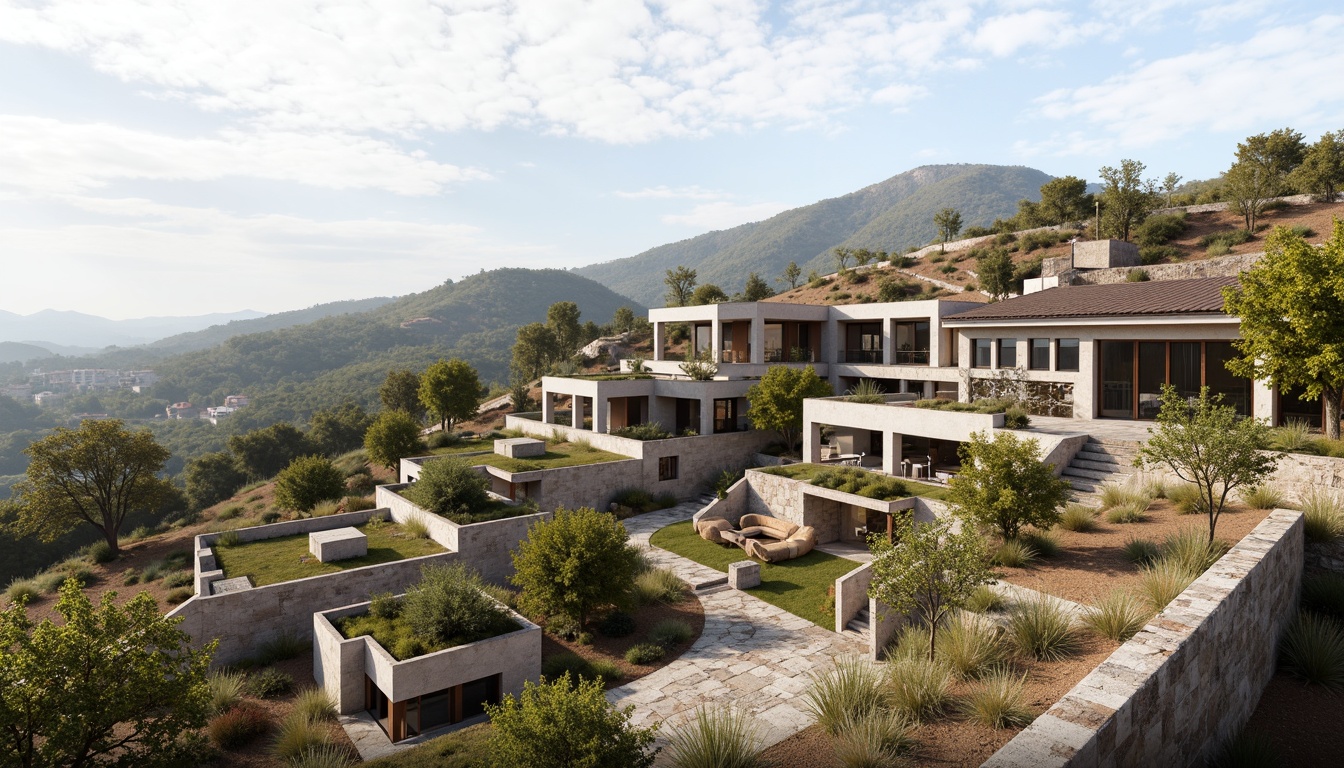 Prompt: Rustic plateau landscape, weathered stone walls, earthy tones, wooden accents, green roofs, solar panels, wind turbines, educational signage, natural ventilation systems, large windows, glass doors, modern minimalist architecture, brutalist design, concrete structures, steel beams, industrial lighting, shallow depth of field, 3/4 composition, panoramic view, realistic textures, ambient occlusion.