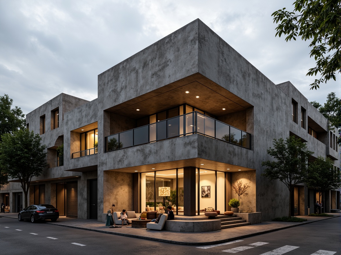 Prompt: Rustic modern building, plastered concrete facade, earthy tone, rough texture, natural aggregates, industrial chic, urban landscape, overcast sky, dramatic shadows, warm ambient lighting, shallow depth of field, 1/2 composition, realistic renderings, subtle color palette, atmospheric perspective.