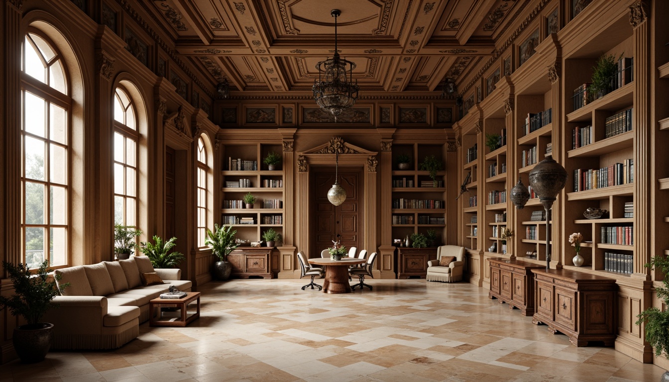 Prompt: Grandiose library interior, ornate details, rich wood tones, creamy marble floors, stately columns, intricate moldings, gilded accents, luxurious velvet fabrics, leather-bound tomes, classic furniture pieces, subtle warm lighting, soft focus, 1/2 composition, shallow depth of field, realistic textures, ambient occlusion, earthy color palette, muted golds, warm beiges, soft creams, rich browns.