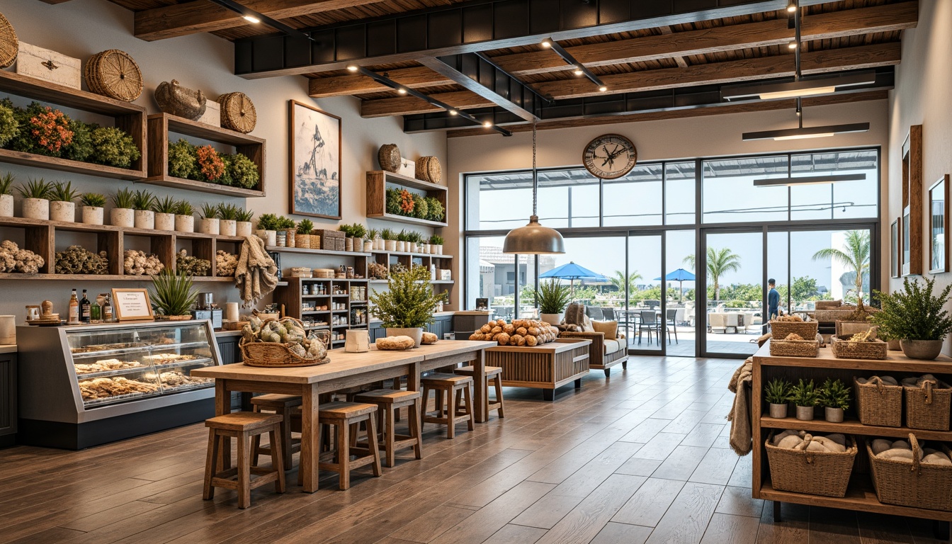 Prompt: \Coastal grocery store interior, natural wood accents, ocean-inspired color palette, driftwood shelves, woven sea grass baskets, nautical-themed signage, distressed metal decor, reclaimed wood flooring, beachy vibe, abundance of natural light, large windows, sliding glass doors, open ceiling, industrial-style lighting fixtures, decorative fishing nets, vintage coastal artifacts, fresh seafood display cases, artisanal bakery stations, specialty food sections, modern minimalist checkout counters, LED lighting, warm and inviting atmosphere, 3/4 composition, shallow depth of field.\Please let me know if this meets your requirements or if you need any adjustments!