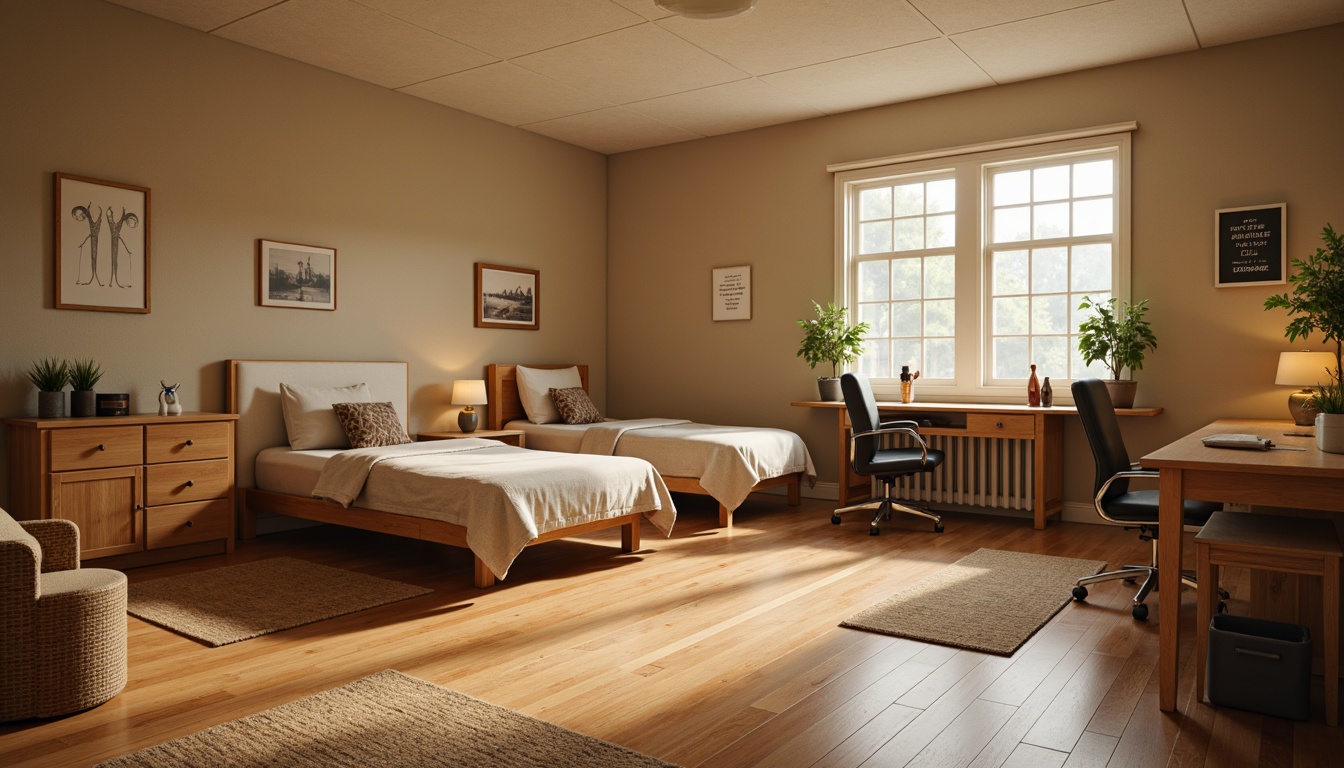 Prompt: Cozy dormitory, warm beige walls, polished hardwood floors, comfortable beds, sturdy wooden desks, ergonomic chairs, ample storage cabinets, softbox lighting, tranquil atmosphere, natural fiber rugs, minimal decor, academic posters, inspirational quotes, calm color scheme, 1/1 composition, intimate setting, subtle texture details, realistic rendering.