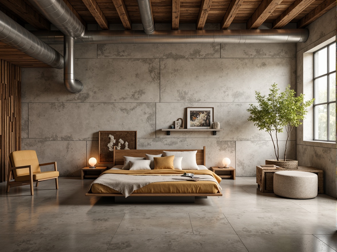 Prompt: Rustic plastered concrete walls, earthy tone, rough texture, natural material, industrial chic, modern minimalist design, urban loft atmosphere, exposed ductwork, metal beams, reclaimed wood accents, polished concrete floors, soft warm lighting, shallow depth of field, 3/4 composition, realistic textures, ambient occlusion.