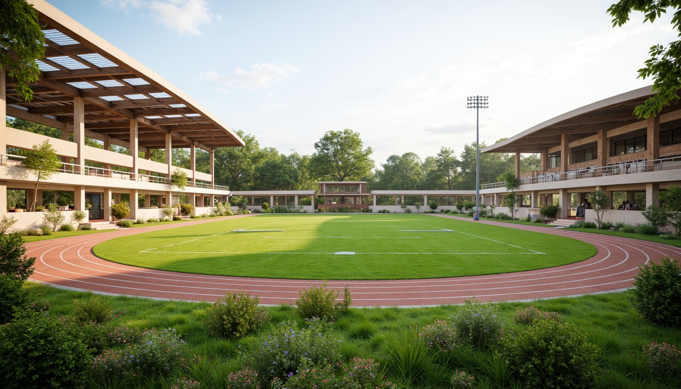 Prompt: Eco-friendly sports complex, lush green grass, natural turf, recycled rubber tracks, sustainable wood bleachers, solar-powered scoreboards, rainwater harvesting systems, organic fertilizer applications, native plant species, wildflower meadows, modern minimalist architecture, curved lines, transparent roofs, clerestory windows, abundant natural light, soft warm ambiance, shallow depth of field, 3/4 composition, panoramic view, realistic textures, ambient occlusion.