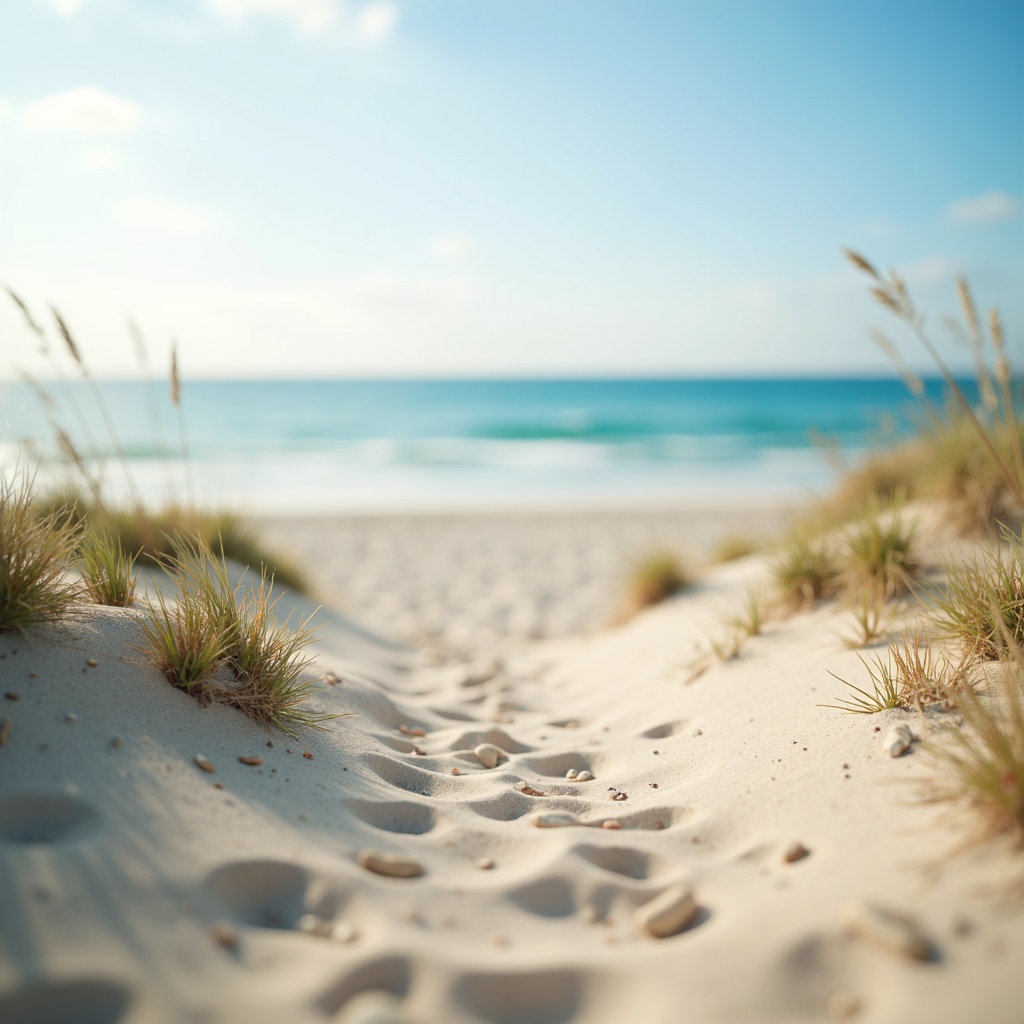 Prompt: Soft azure skies, warm sandy dunes, gentle ocean breeze, serene beach scenes, calming color harmony, creamy whites, weathered wood accents, natural linen textures, driftwood sculptures, sea glass-inspired decorations, tranquil ambiance, shallow depth of field, 1/1 composition, soft focus effect, warm golden lighting.