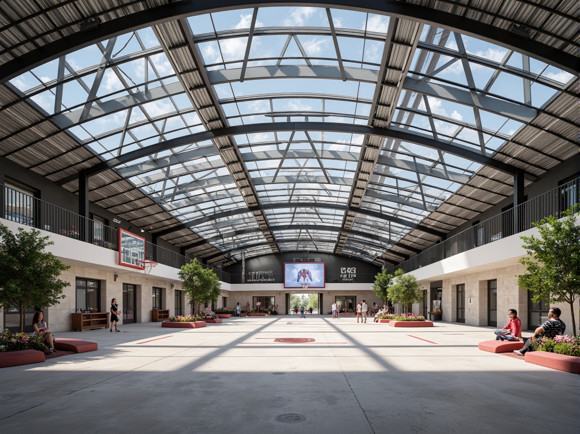 Prompt: Modern gymnasium building, sleek metal roofing systems, translucent skylights, clerestory windows, exposed ductwork, industrial-style architecture, polished concrete floors, bold color schemes, dynamic lighting fixtures, motivational quotes, athletic equipment, basketball courts, volleyball nets, spectator seating areas, natural ventilation systems, energy-efficient insulation, solar panels, green roofs, curved lines, futuristic design elements, shallow depth of field, 3/4 composition, panoramic view, realistic textures, ambient occlusion.