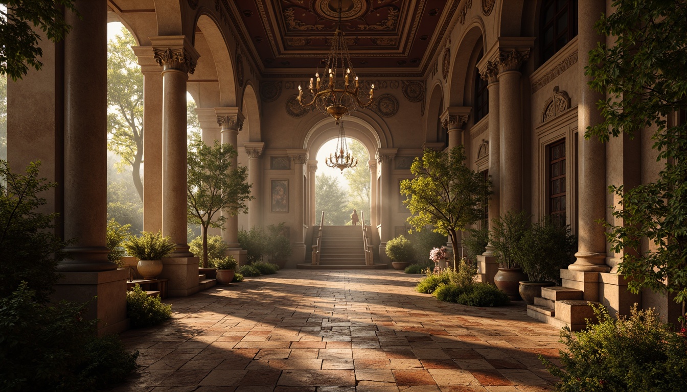 Prompt: Ancient Greek columns, ornate Gothic arches, Renaissance-inspired domes, Baroque-style fountains, medieval castle walls, mystical forest surroundings, misty atmosphere, warm golden lighting, soft focus effect, 1/1 composition, symmetrical framing, rich velvet drapes, antique furnishings, intricate wooden carvings, grandiose staircases, mysterious secret rooms, luxurious chandeliers, ornate metalwork details.