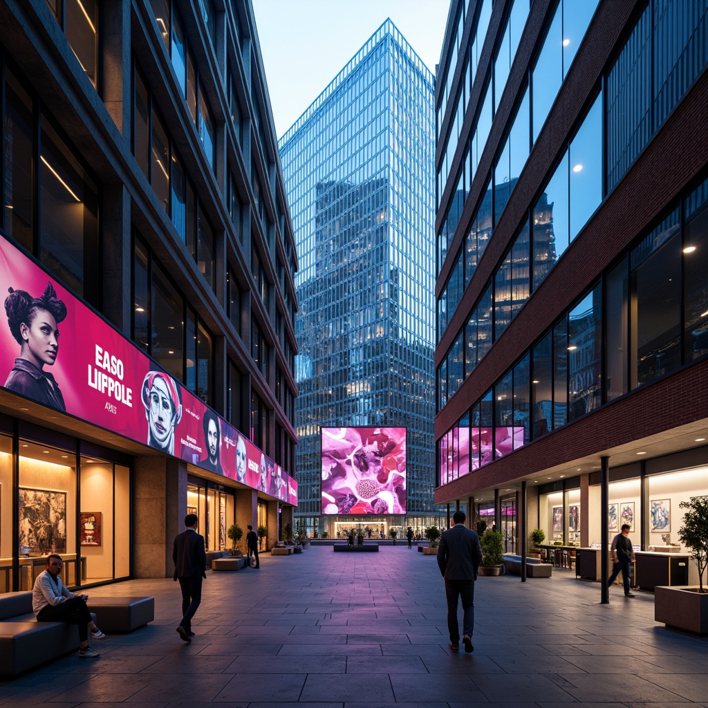 Prompt: Vibrant urban landscape, abstract skyscrapers, bold geometric shapes, neon lights, metallic accents, sleek glass facades, monochromatic color scheme, industrial textures, polished concrete floors, minimalist decor, avant-garde artwork, brutalist architecture, functional simplicity, stark contrast, warm artificial lighting, shallow depth of field, 1/1 composition, cinematic atmosphere.