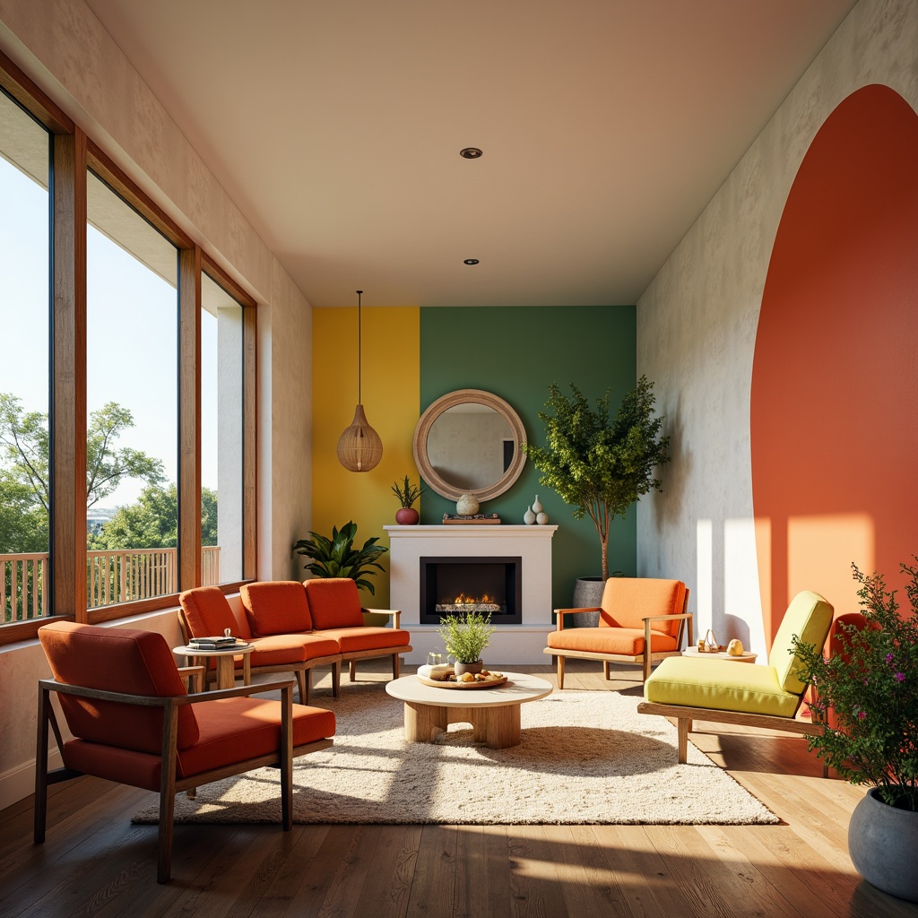 Prompt: Vibrant modern interior, bold accent walls, pastel furniture, natural wood tones, creamy white ceilings, rich charcoal floors, warm golden lighting, shallow depth of field, 1/1 composition, realistic textures, ambient occlusion.