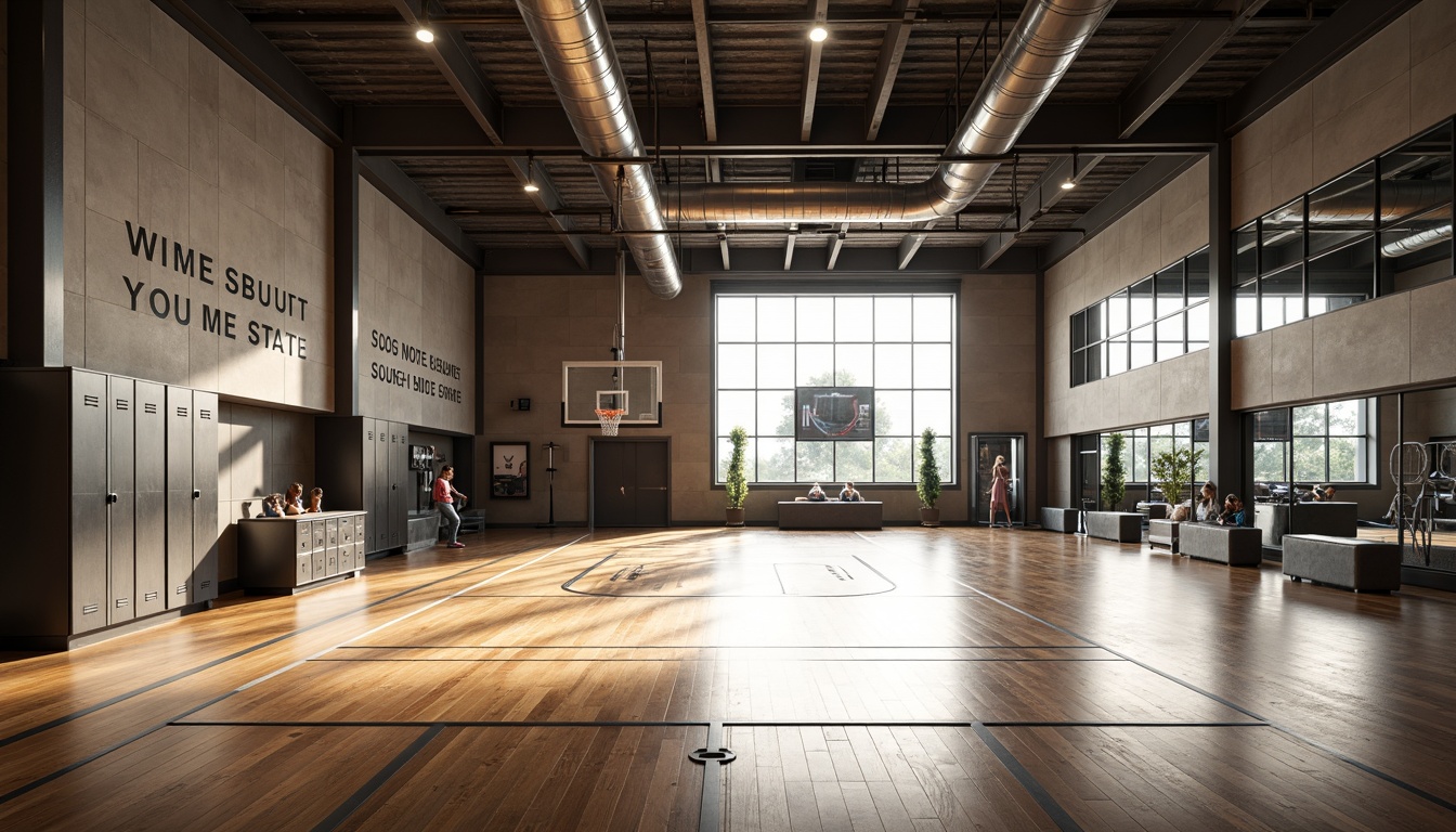 Prompt: Modern gymnasium interior, polished wooden floors, sturdy steel beams, exposed ductwork, athletic track lines, basketball hoops, volleyball nets, gymnastic equipment, padded walls, mirrored surfaces, LED sports lighting, motivational quotes, sleek metal lockers, water bottle refill stations, rubber flooring, sound-absorbing panels, natural ventilation systems, large windows, outdoor views, urban landscape, sunny day, soft warm lighting, shallow depth of field, 3/4 composition, realistic textures.