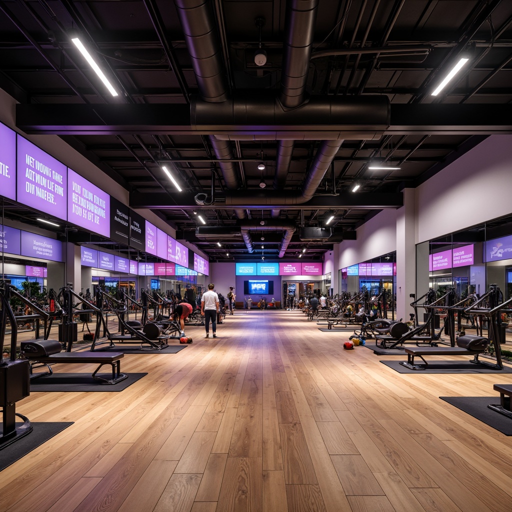 Prompt: Modern fitness center, spacious open layout, high ceilings, polished wood floors, mirrored walls, professional gym equipment, free weights, cardio machines, strength training areas, yoga mats, Pilates reformers, spinning rooms, sound systems, motivational quotes, neon color scheme, dynamic lighting, 3/4 composition, shallow depth of field, realistic textures, ambient occlusion.