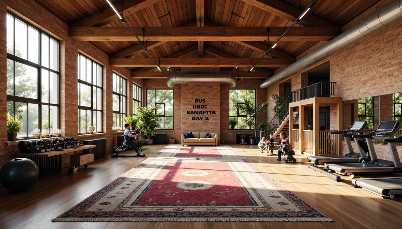 Prompt: Rustic regionalist gymnasium interior, wooden accents, exposed brick walls, vaulted ceilings, large windows, natural light, earthy color palette, warm ambient lighting, functional training areas, modern exercise equipment, free weights, treadmills, stationary bikes, mirrored walls, athletic flooring, regional patterned rugs, industrial metal beams, minimalist decor, motivational quotes, inspirational images, panoramic views, shallow depth of field, 3/4 composition, realistic textures, ambient occlusion.