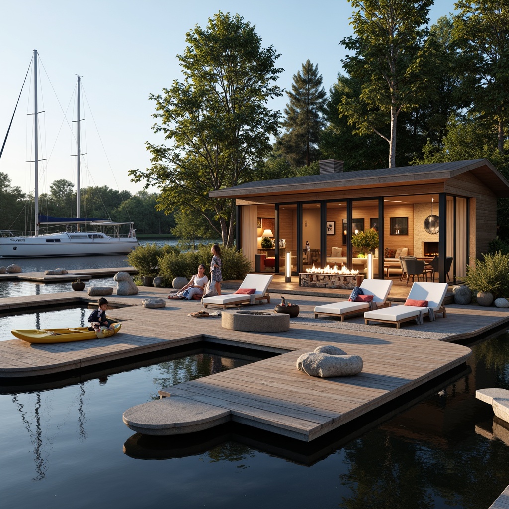 Prompt: Waterfront boathouse, open deck spaces, wooden docks, serene lake views, sailboats, kayaks, paddles, life jackets, nautical decorations, rustic wood accents, natural stone walls, large windows, sliding glass doors, cozy indoor seating areas, warm fireplaces, modern minimalistic interior design, soft warm lighting, shallow depth of field, 3/4 composition, panoramic view, realistic textures, ambient occlusion.