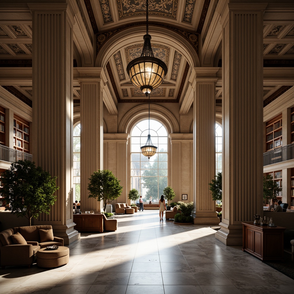 Prompt: Grand library entrance, imposing stone columns, ornate archways, symmetrical fa\u00e7ade, neoclassical architecture, marble flooring, high ceilings, grand chandeliers, elegant reading rooms, comfortable seating areas, natural light pouring in, soft warm lighting, shallow depth of field, 1/1 composition, frontal view, realistic textures, ambient occlusion.