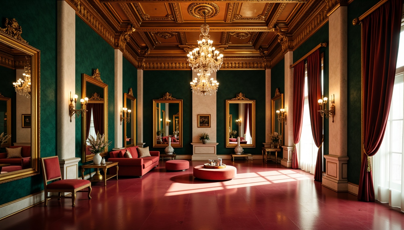 Prompt: Luxurious fitness studio, rich wood accents, ornate mirrors, gilded frames, velvet drapes, majestic chandeliers, warm golden lighting, deep jewel tones, emerald green walls, ruby red floors, cream marble columns, intricate moldings, lavish furnishings, opulent textures, dramatic shadows, 3/4 composition, cinematic view, high contrast ratio.