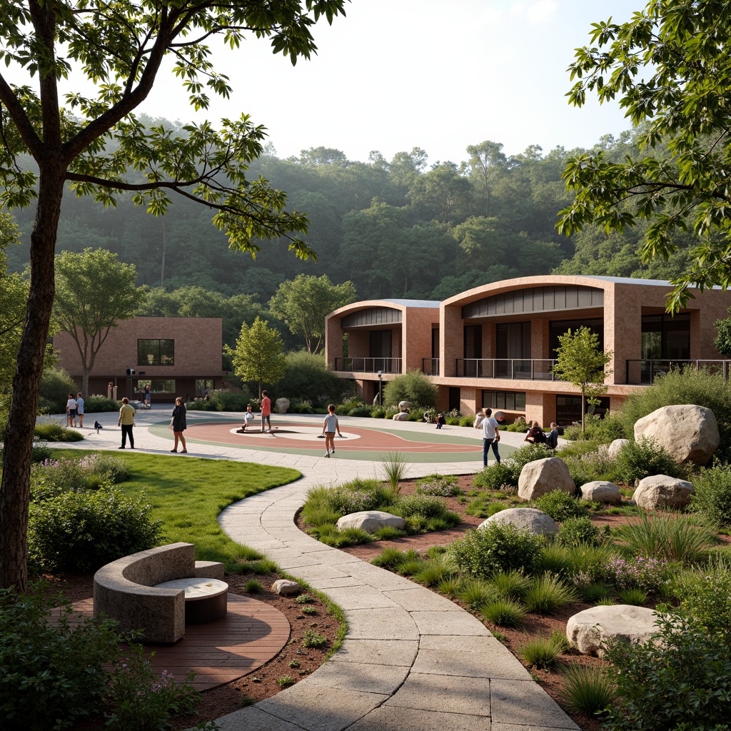 Prompt: Rustic gymnasium building, regionalism style architecture, natural stone fa\u00e7ade, green roof, lush vegetation, native plants, curved lines, earthy tones, wooden accents, outdoor fitness areas, athletic tracks, sports equipment, shaded seating, weathered steel benches, meandering walkways, organic shapes, soft warm lighting, 1/2 composition, atmospheric perspective, realistic textures, ambient occlusion.