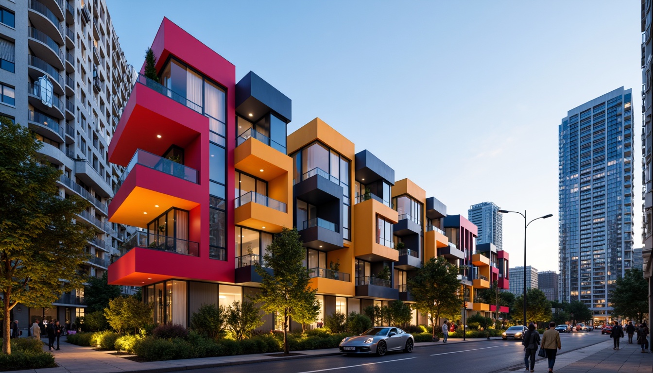 Prompt: Vibrant residential exterior, bold color blocking, abstract geometries, cantilevered structures, irregular shapes, dynamic volumes, innovative materials, translucent glass facades, LED lighting installations, futuristic aesthetic, experimental housing prototypes, modular construction, 3D printed components, sustainable building practices, green roofs, living walls, urban density, cityscape views, dramatic shadows, high-contrast lighting, cinematic composition, wide-angle lens, shallow depth of field.