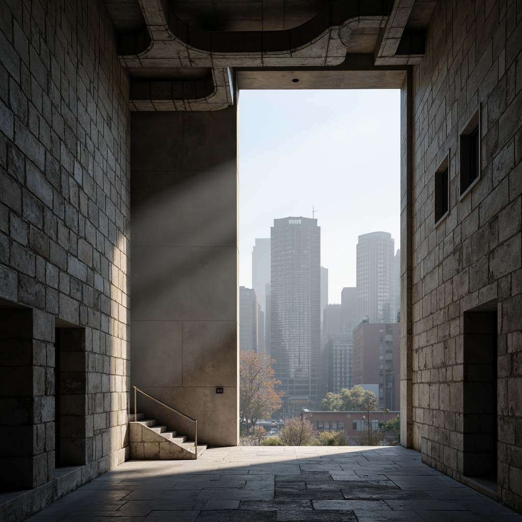 Prompt: Rough-hewn stone walls, brutalist concrete structures, industrial metal beams, exposed ductwork, minimalist decor, monochromatic color scheme, natural light pouring in, dramatic shadows, geometric shapes, clean lines, functional simplicity, urban cityscape, misty morning atmosphere, high-contrast lighting, cinematic composition, 2.35