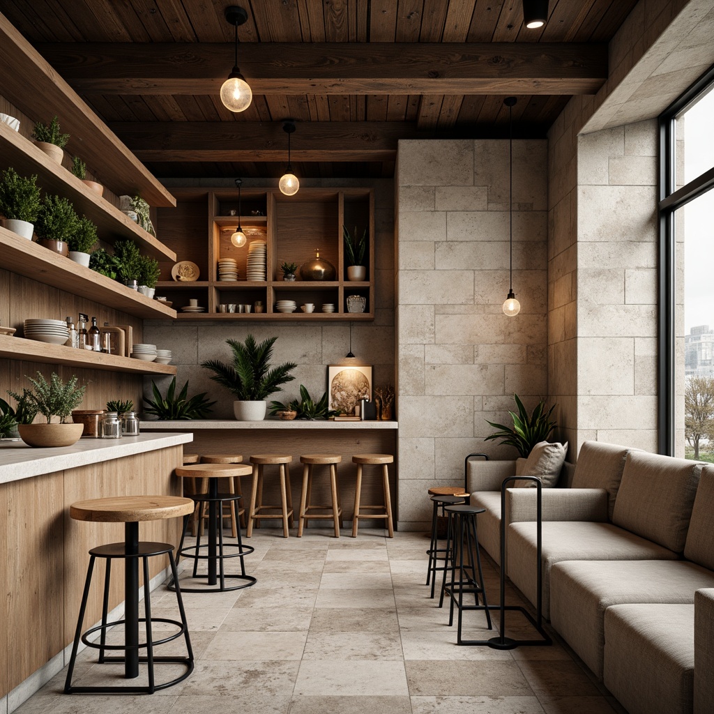 Prompt: Modern coffee shop interior, limestone walls, rustic textures, earthy tones, minimalist decor, industrial lighting fixtures, reclaimed wood accents, metal stools, wooden tables, cozy nooks, comfortable seating areas, natural stone flooring, warm ambient lighting, shallow depth of field, 1/1 composition, realistic renderings.