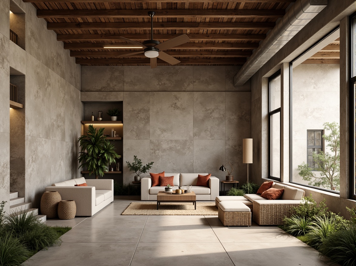 Prompt: Rustic plastered concrete walls, earthy tones, natural textures, rough-hewn stones, industrial-chic aesthetic, urban loft atmosphere, reclaimed wood accents, metal beams, exposed ductwork, modern minimalist decor, soft warm lighting, shallow depth of field, 3/4 composition, panoramic view, realistic textures, ambient occlusion.