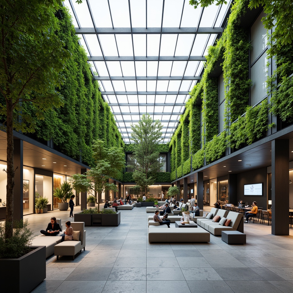 Prompt: Minimalist atrium, lush green walls, natural stone flooring, modern glass roofs, abundant daylight, flexible modular furniture, collaborative workspaces, quiet private areas, ergonomic seating, interactive digital displays, sleek metal accents, warm ambient lighting, 1/1 composition, shallow depth of field, realistic textures, ambient occlusion.