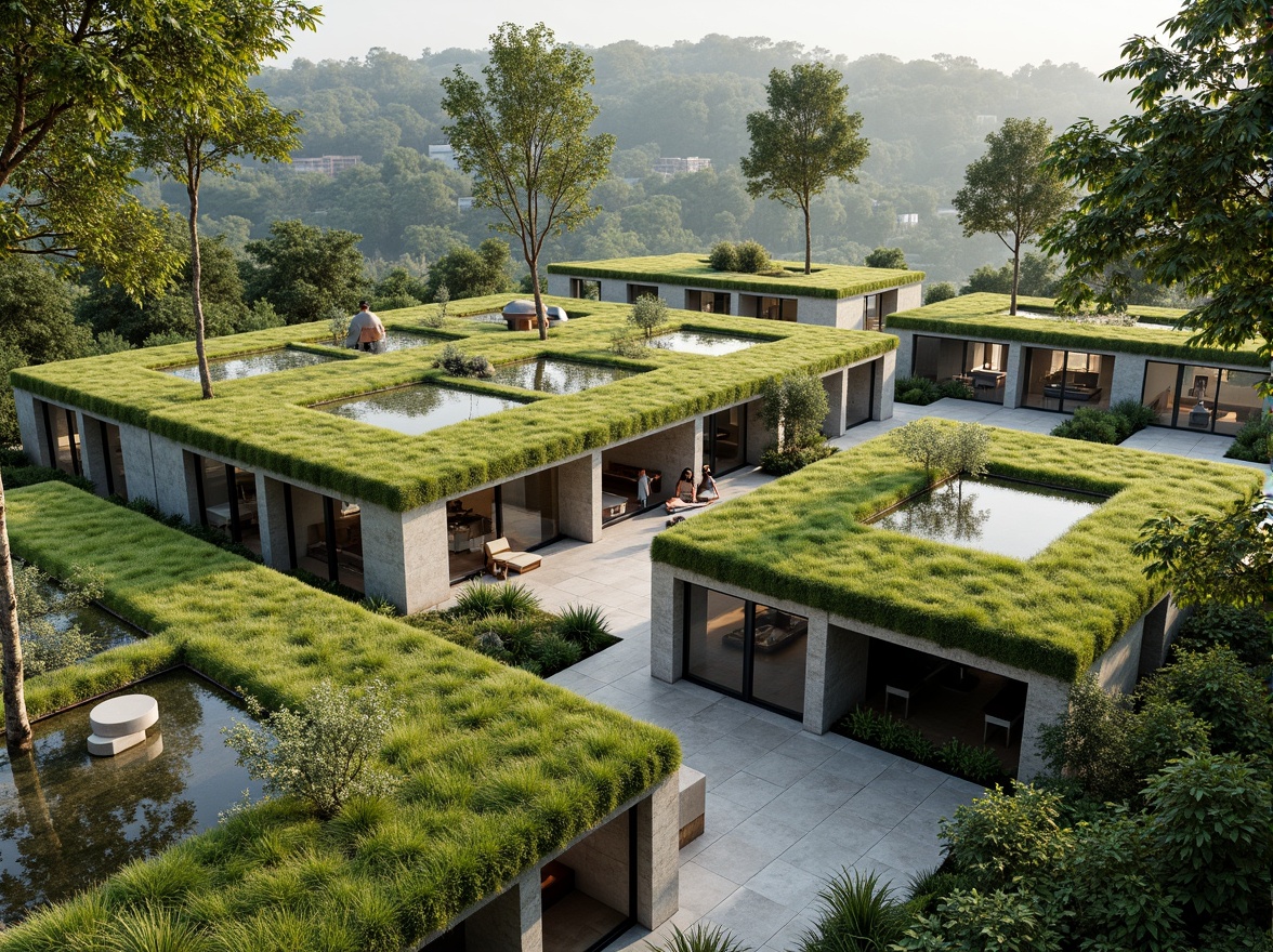 Prompt: Green roofs, lush vegetation, natural materials, earthy tones, modern building design, large windows, clerestory windows, skylights, open floor plans, minimal obstruction, air circulation pathways, wind catchers, solar chimneys, stack effect ventilation, cross ventilation, passive cooling systems, thermal mass walls, insulation materials, energy efficiency, eco-friendly architecture, sustainable building practices, natural light, soft diffused lighting, airy atmosphere, comfortable indoor climate.