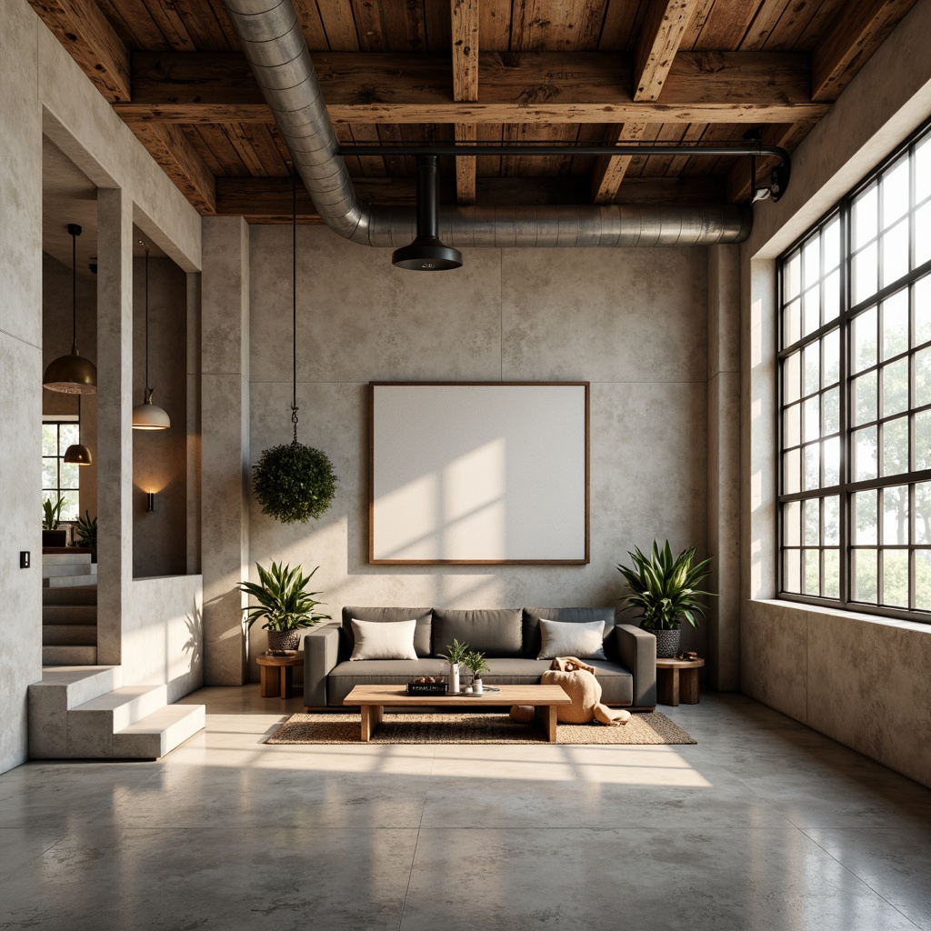 Prompt: Rustic plastered concrete walls, earthy tones, natural textures, industrial chic aesthetic, urban loft atmosphere, reclaimed wood accents, metal beams, exposed ductwork, polished concrete floors, minimalist decor, functional layout, abundant natural light, soft warm lighting, shallow depth of field, 3/4 composition, realistic renderings, ambient occlusion.