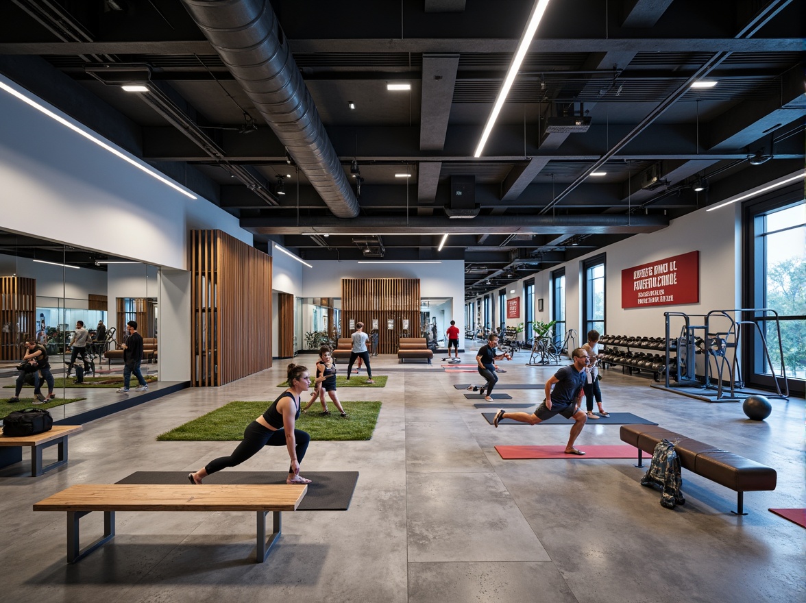 Prompt: Modern fitness center, high ceilings, sleek metal beams, polished concrete floors, mirrored walls, state-of-the-art exercise equipment, free weights, cardio machines, yoga mats, punching bags, functional training areas, spacious locker rooms, wooden benches, modern LED lighting, vibrant color schemes, motivational quotes, minimalist decor, open-concept floor plan, 3/4 composition, shallow depth of field, realistic textures, ambient occlusion.