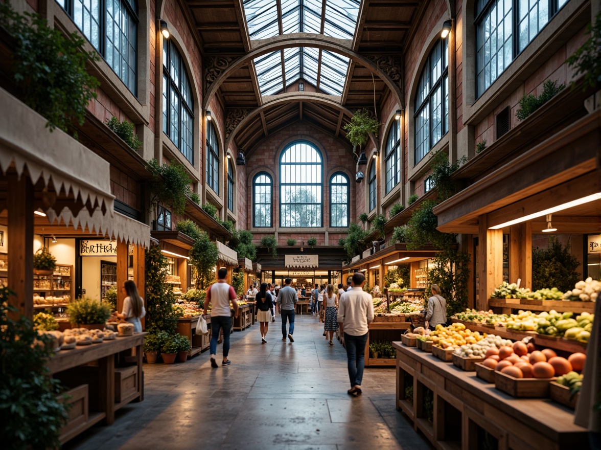 Prompt: Grand market hall, high vaulted ceilings, stained glass windows, ornate stone carvings, intricate Gothic arches, sustainable materials, reclaimed wood accents, eco-friendly textiles, natural fiber banners, organic produce stalls, local artisanal goods, bustling crowd atmosphere, warm soft lighting, shallow depth of field, 1/1 composition, realistic textures, ambient occlusion.