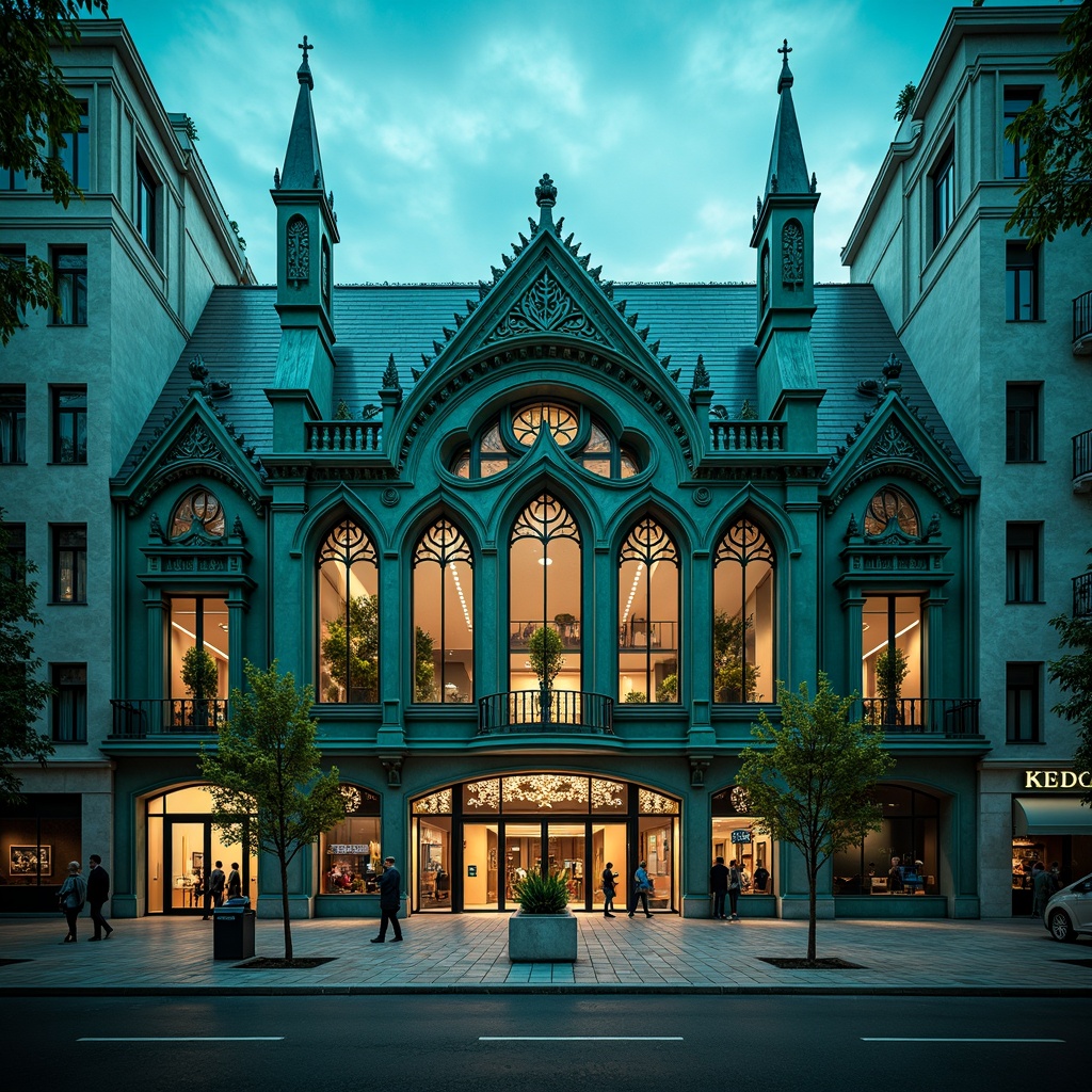 Prompt: Ornate bank facade, Expressionist architecture style, angular shapes, bold geometric forms, vibrant blue-green hues, intricate stone carvings, grand entrance archways, ornamental metalwork, decorative clock towers, Gothic-inspired windows, luxurious marble cladding, symmetrical composition, high-contrast lighting, dramatic shadows, 1/2 perspective view, detailed textures, atmospheric fog effect.