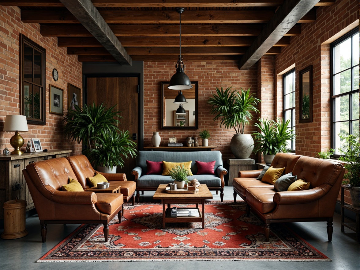 Prompt: Rich wood tones, vintage armchairs, distressed leather sofas, eclectic mix of patterns, bold colorful rugs, reclaimed wooden tables, metal industrial lamps, pendant lighting fixtures, lush greenery, potted plants, ornate mirrors, antique decorative pieces, exposed brick walls, polished concrete floors, warm cozy atmosphere, soft natural light, shallow depth of field, 1/1 composition, realistic textures, ambient occlusion.