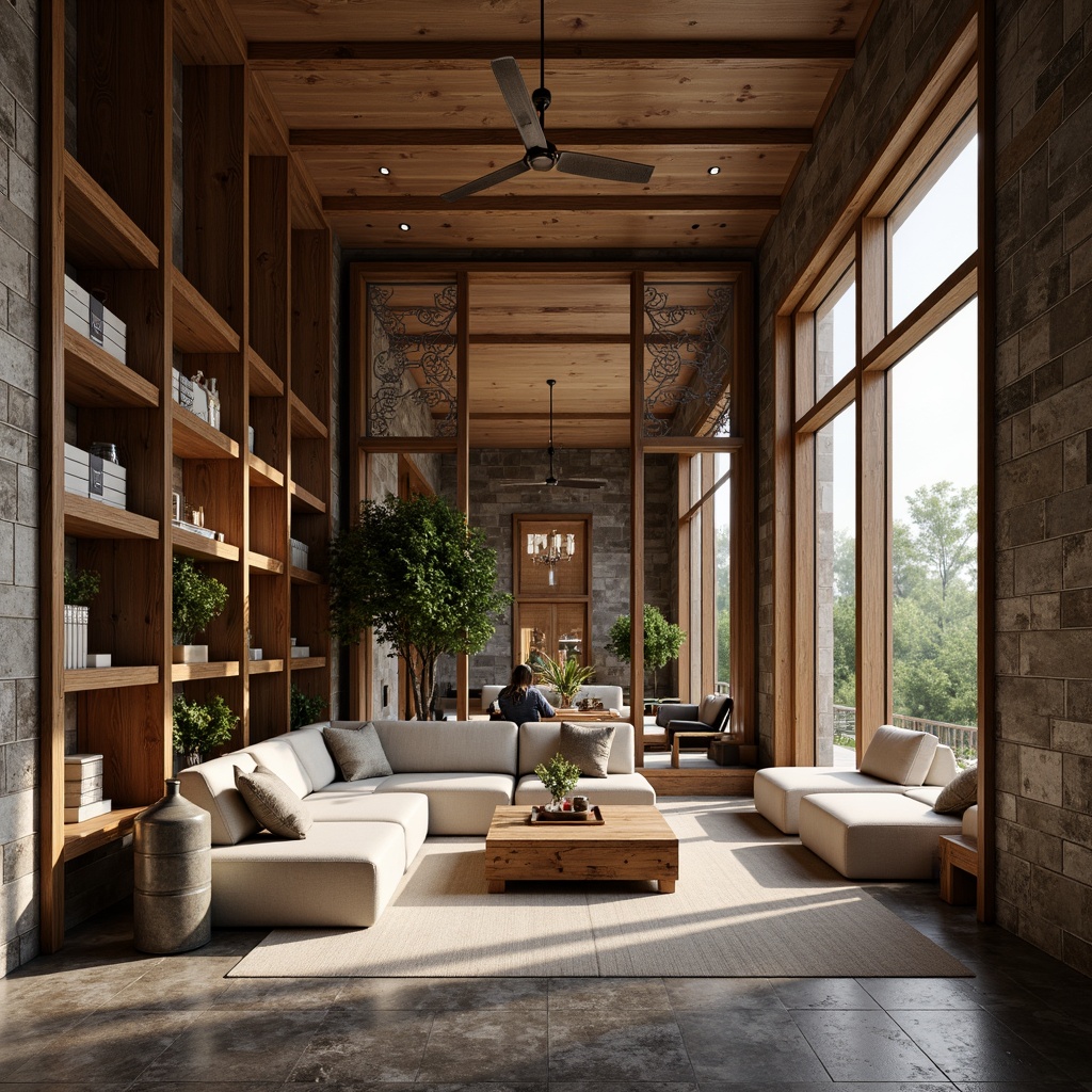 Prompt: Luxurious modern interior, high-end finishes, rich wood textures, metallic accents, sleek glass surfaces, durable ceramic tiles, water-resistant membranes, weathered stone walls, rustic metal frames, ornate decorative patterns, soft warm lighting, shallow depth of field, 3/4 composition, realistic reflections, ambient occlusion.