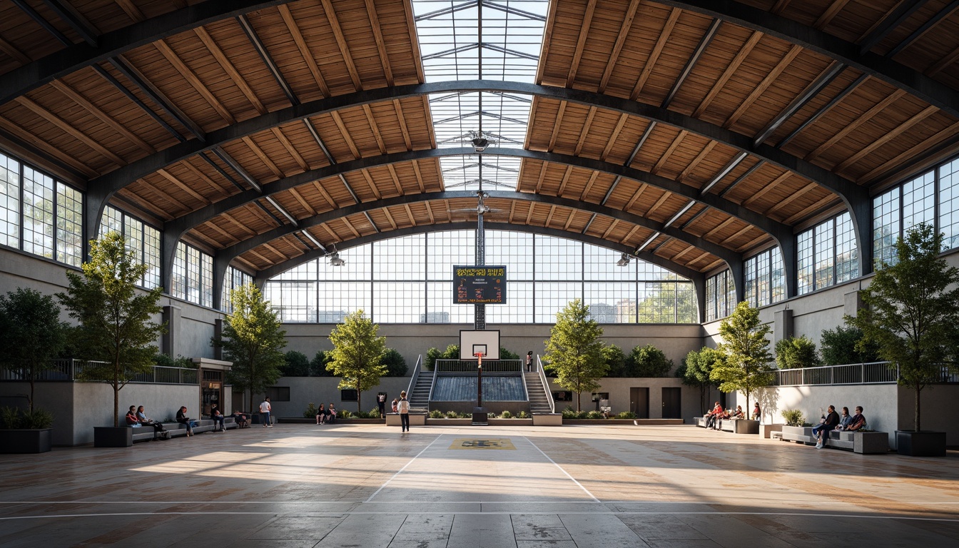 Prompt: Modern gymnasium building, curved rooflines, translucent roofing materials, natural ventilation systems, clerestory windows, industrial-style architecture, exposed steel beams, polished concrete floors, athletic track surroundings, scoreboard displays, basketball hoops, spectator seating areas, ambient LED lighting, warm color schemes, high ceiling heights, 1/2 composition, realistic reflections, subtle shadowing.