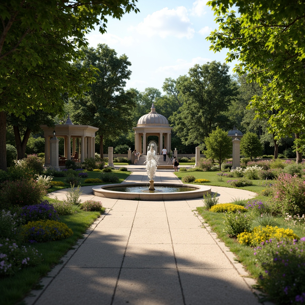 Prompt: Grandiose gardens, symmetrical pathways, ornate fountains, majestic statues, lush greenery, vibrant flowers, manicured lawns, elegant gazebos, classical columns, ornamental railings, harmonious water features, serene ambiance, warm natural lighting, shallow depth of field, 1/1 composition, realistic textures, ambient occlusion.