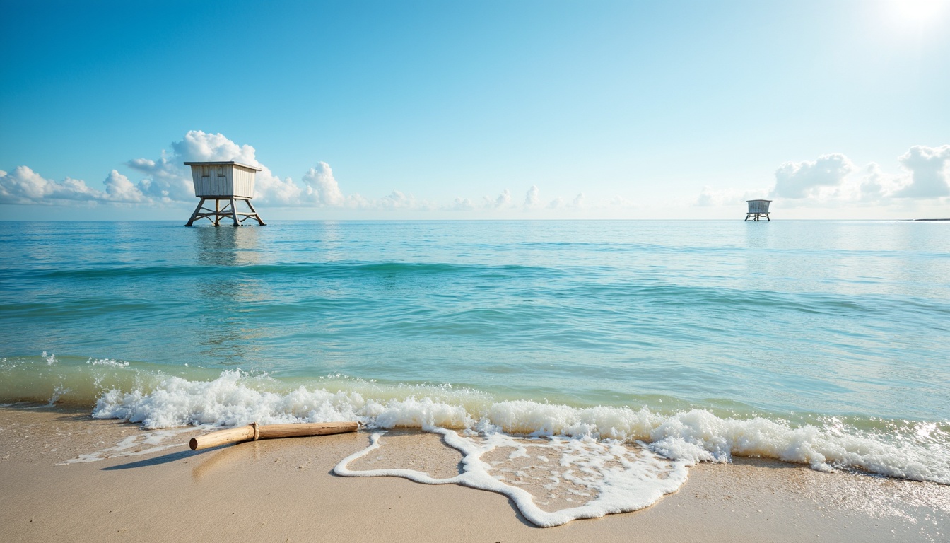 Prompt: Calm ocean waves, soothing sapphire hues, soft sandy beaches, driftwood accents, sea salt textures, weathered wooden planks, nautical ropes, vintage lifeguard towers, refreshing sea breeze, clear blue skies, warm sunny days, gentle cloud formations, shallow water reflections, 1/1 composition, soft focus, atmospheric perspective, serene ambiance, natural light scattering, subtle color gradations.