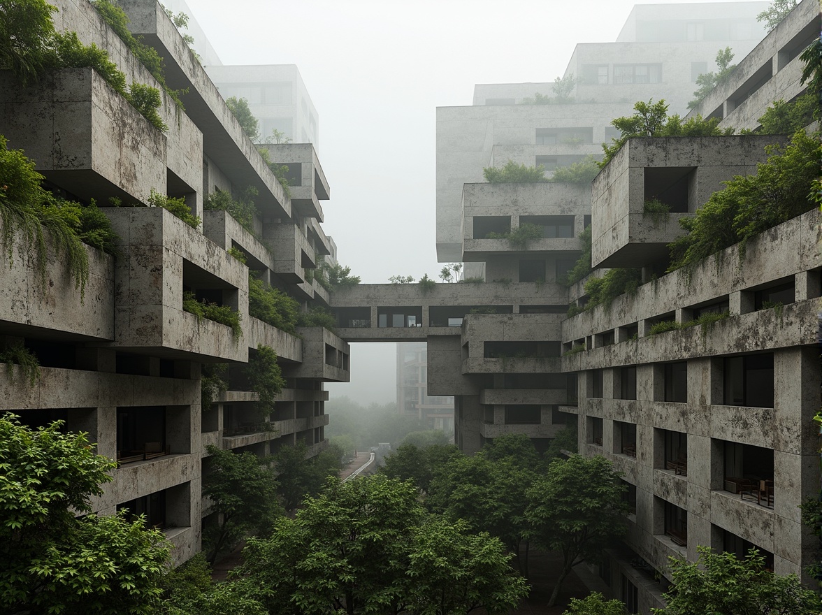 Prompt: Rugged brutalist architecture, raw concrete textures, fortress-like structures, angular geometries, imposing scale, lush green roofs, integrated planters, overflowing vegetation, natural stone walls, weathered wood accents, misty atmosphere, soft diffused lighting, shallow depth of field, 1/1 composition, symmetric framing, abstract expressionism, earthy color palette, organic forms, contextual materiality.