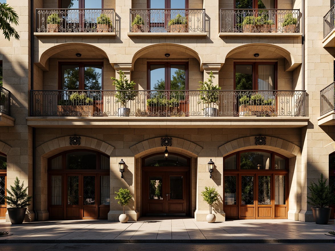 Prompt: Renaissance-style hostel facade, ornate stone carvings, grandiose entranceways, symmetrical balconies, rustic wooden doors, stained glass windows, intricately patterned metal railings, warm golden lighting, soft morning mist, shallow depth of field, 1/2 composition, realistic textures, ambient occlusion, European-inspired architectural details, ornamental flower boxes, vintage lanterns, distressed brick walls, aged copper roofing.