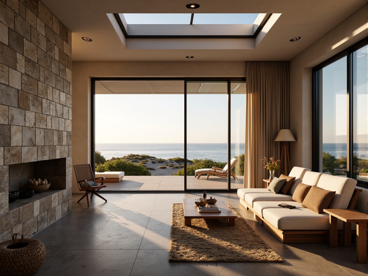 Prompt: Coastal villa, large windows, sliding glass doors, ocean views, natural stone walls, wooden decks, driftwood accents, beachy color palette, soft warm lighting, shallow depth of field, 1/2 composition, panoramic view, realistic textures, ambient occlusion, open floor plan, minimal obstruction, optimized window placement, clerestory windows, skylights, reflective ceiling materials, light-colored interior finishes, unobstructed ocean views, sunrise and sunset effects.