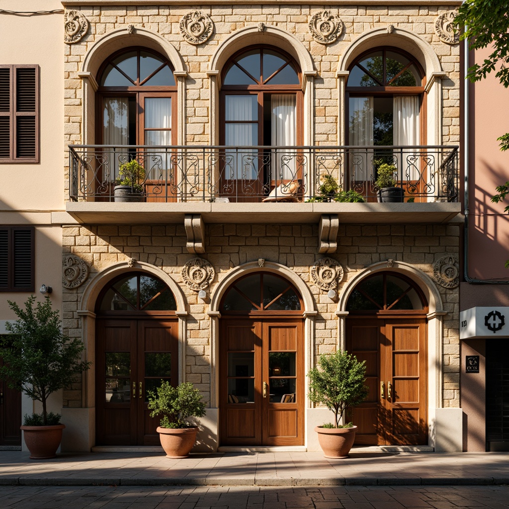 Prompt: Renaissance-style hostel facade, ornate stone carvings, rustic brick walls, arched windows, wooden shutters, Juliet balconies, decorative metal railings, intricate stucco patterns, warm golden lighting, soft afternoon sun, shallow depth of field, 2/3 composition, symmetrical architecture, vintage-inspired signage, distressed wood textures, ornate ironwork, grand entranceways, inviting outdoor seating areas, lush greenery planters.