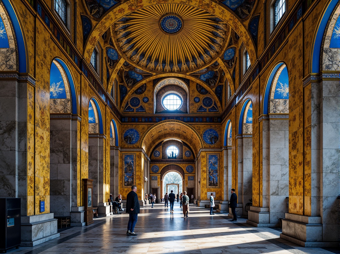 Prompt: Intricate gold mosaics, vivid blue tones, ornate patterns, Byzantine architecture, grand domes, elaborate arches, marble floors, intricate stone carvings, luxurious textiles, rich jewel tones, golden lighting, dramatic shadows, high contrast, 1/2 composition, detailed textures, ambient occlusion.