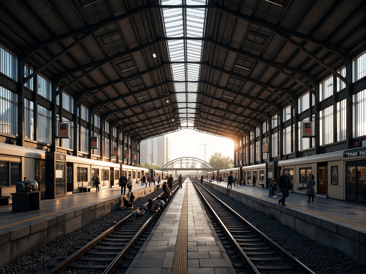 Prompt: Grand train station, high ceilings, large windows, natural ventilation systems, clerestory windows, roof skylights, open platforms, steel structures, modern architecture, urban landscape, bustling atmosphere, rush hour scenes, morning light, soft warm glow, shallow depth of field, 3/4 composition, panoramic view, realistic textures, ambient occlusion.