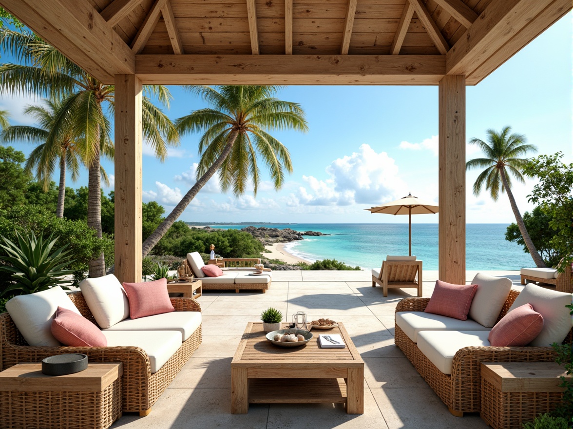 Prompt: Vibrant beachside villa, ocean-inspired color scheme, calming turquoise hues, warm sandy neutrals, coral pink accents, driftwood grays, seafoam greens, sunny yellow highlights, natural textures, woven rattan furniture, coastal-themed decorative accessories, shells, pebbles, nautical ropes, distressed wood finishes, ocean breeze atmosphere, soft warm lighting, shallow depth of field, 1/2 composition, realistic water effects, ambient occlusion.