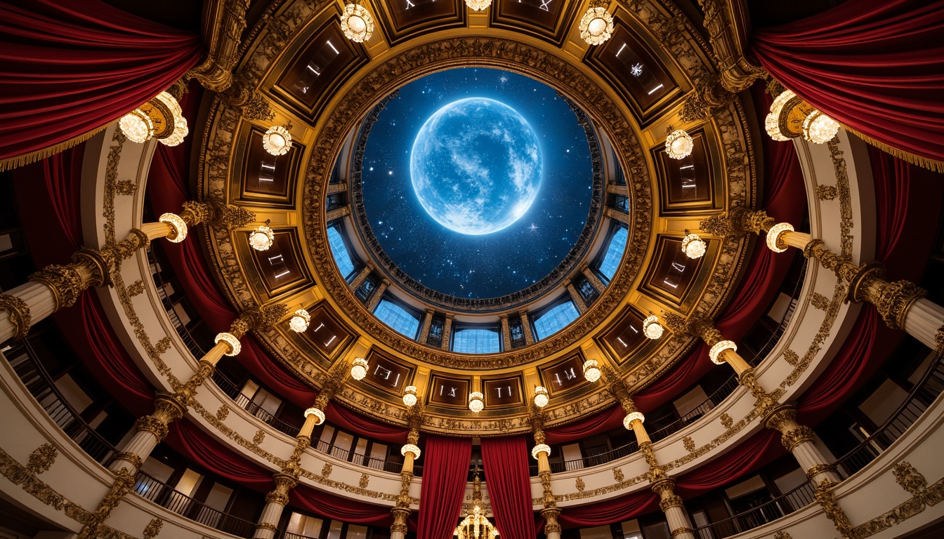 Prompt: Intricate planetarium dome, ornate Baroque details, gilded accents, velvet drapes, crystal chandeliers, celestial body projections, starry night sky, rich jewel tones, luxurious fabrics, carved wooden paneling, intricate frescoes, grandiose architecture, dramatic lighting, warm golden glow, shallow depth of field, 1/2 composition, detailed textures, ambient occlusion.