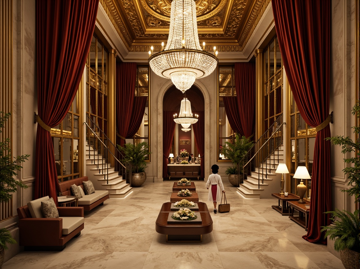 Prompt: Luxurious fitness club, opulent chandeliers, grand staircases, ornate mirrors, rich velvet drapes, intricate gold leaf patterns, majestic crystal columns, lavish marble floors, imposing stone walls, regal throne-like seating, antique furnishings, dramatic archways, sweeping curtains, warm golden lighting, soft focus blur, 1/2 composition, symmetrical framing, detailed textures, ambient occlusion.