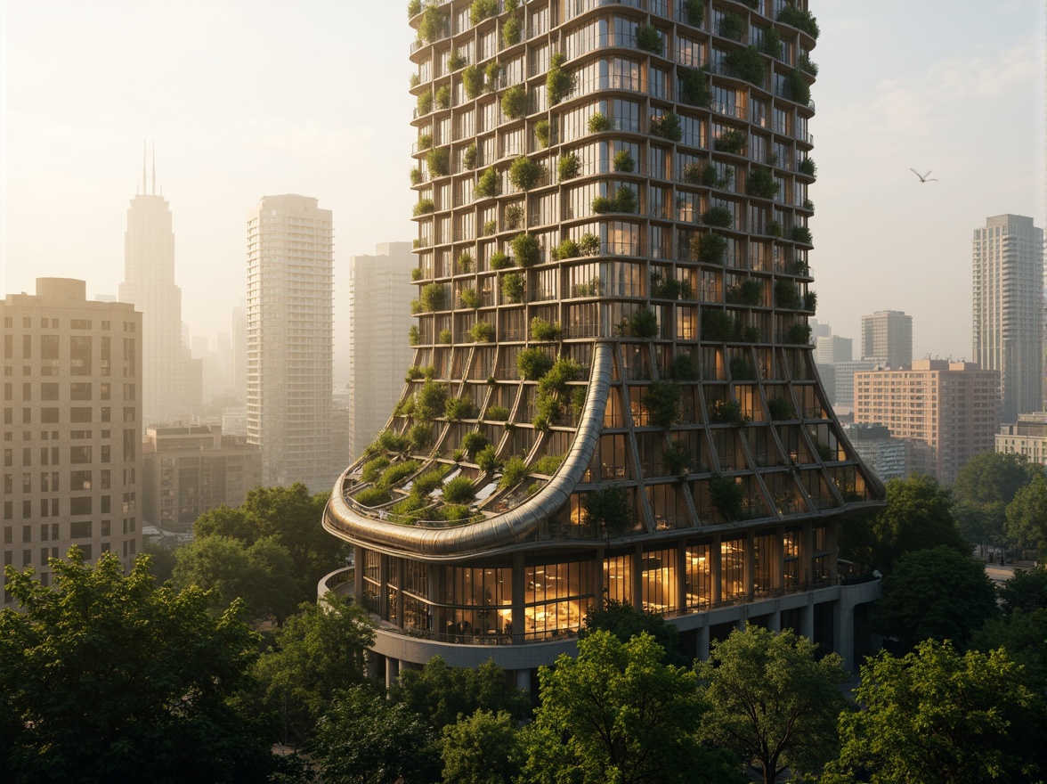 Prompt: Futuristic skyscraper, biomimicry facade, organic curves, iridescent materials, parametric design, double skin system, solar panels integration, green walls, lush vegetation, urban jungle, metropolitan skyline, misty morning light, warm golden illumination, shallow depth of field, 1/1 composition, symmetrical framing, cinematic atmosphere, realistic textures, ambient occlusion.