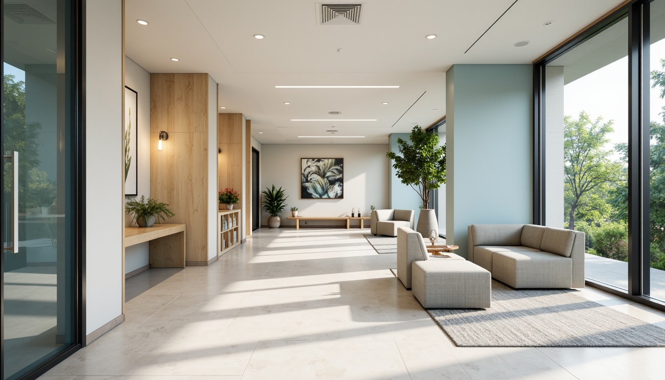 Prompt: Calming healthcare center, soothing color palette, gentle blues, creamy whites, warm beige tones, natural wood accents, comfortable seating areas, peaceful waiting rooms, calming artwork, subtle patterns, soft lighting, minimalist design, clean lines, modern architecture, spacious lobbies, floor-to-ceiling windows, lush greenery views, serene atmosphere, shallow depth of field, 1/1 composition, realistic textures, ambient occlusion.