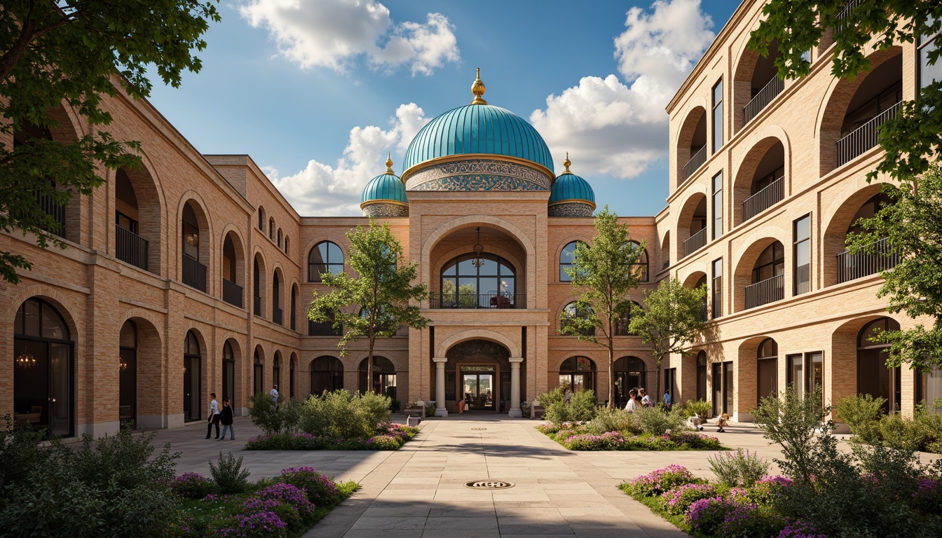 Prompt: \Majestic middle school building, Byzantine-inspired architecture, grand arches, ornate columns, intricate mosaics, vibrant blue domes, golden accents, rich textiles, lavish furnishings, elegant chandeliers, soft warm lighting, shallow depth of field, 1/2 composition, realistic textures, ambient occlusion, serene courtyard, lush greenery, blooming flowers, sunny day.\