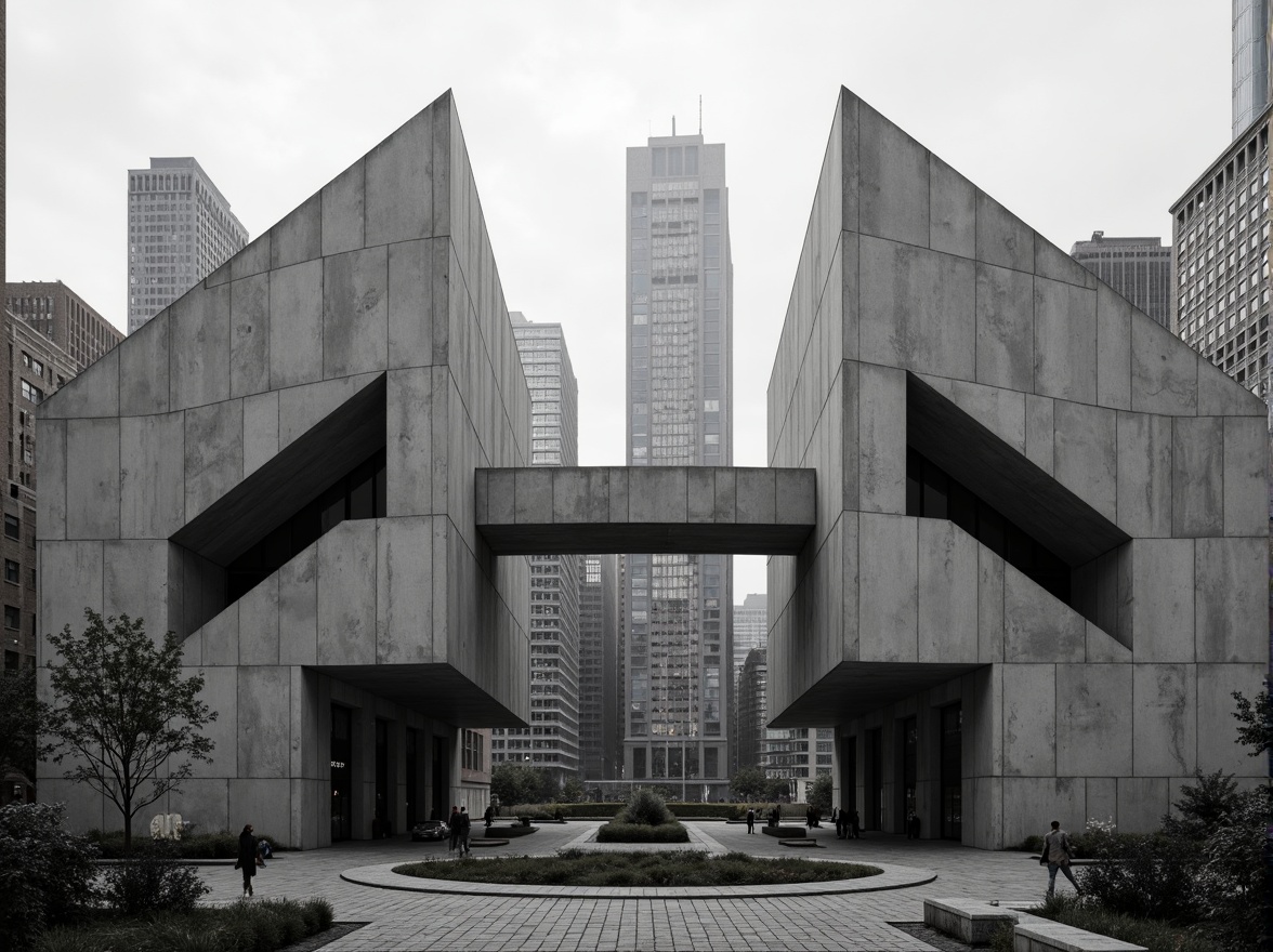 Prompt: Raw concrete textures, rugged brutalist architecture, fortress-like buildings, dramatic cantilevered structures, geometric angular forms, cold industrial atmosphere, minimalist ornamentation, functional simplicity, imposing scale, stark monochromatic color palette, bold structural expression, urban cityscape, overcast day, high-contrast lighting, deep depth of field, 2/3 composition, cinematic framing, gritty realistic textures, subtle ambient occlusion.